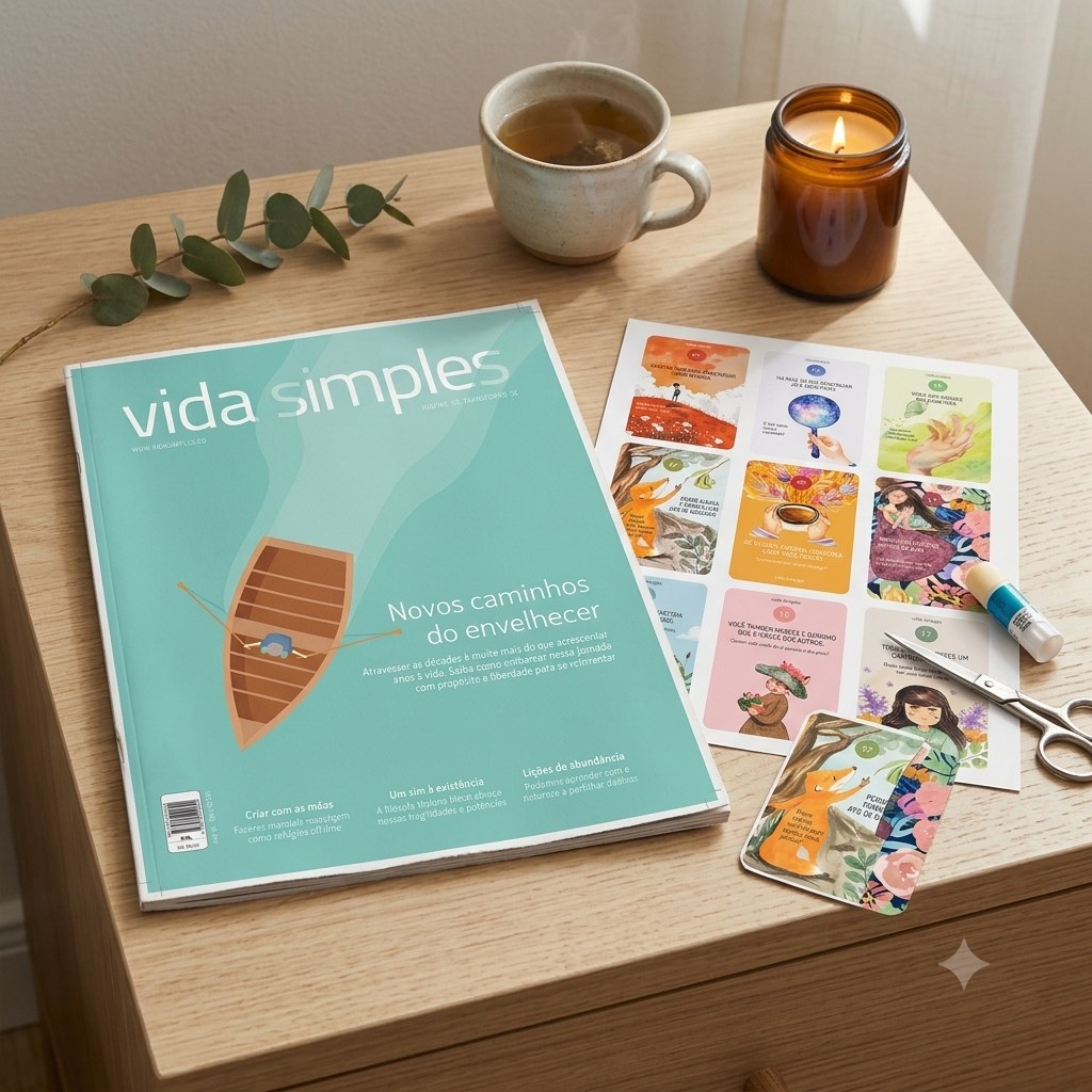 Edição de setembro da Vida Simples sobre a mesa, ao lado da folha de cartas de reflexão para recortar, tesoura, chá e vela